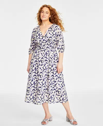 On 34th Women's Cotton Surplice-neck 3/4-sleeve Midi Dress, Created For Macy's In Larkspur Combo