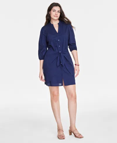On 34th Women's Cotton Tie-front Shirtdress, Created For Macy's In Intrepid Blue