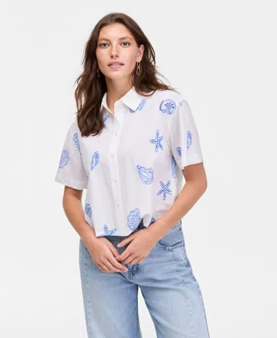 On 34th Women's Cotton Two-tone Embroidered Eyelet Short-sleeve Shirt, Macy's Exclusive In White