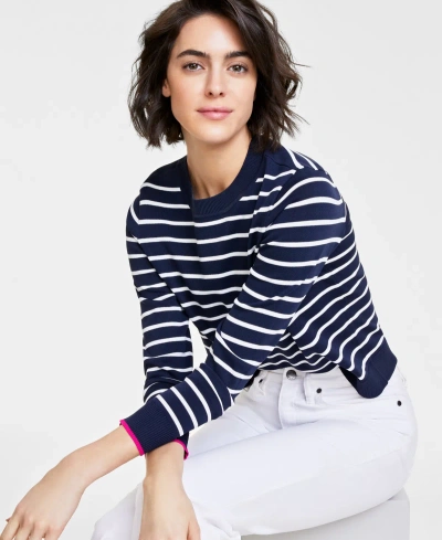 On 34th Women's Crewneck Long-sleeve Sweater, Created For Macy's In Navy,white
