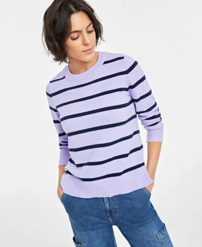 On 34th Women's Crewneck Long-sleeve Sweater, Created For Macy's In Purple Stripe