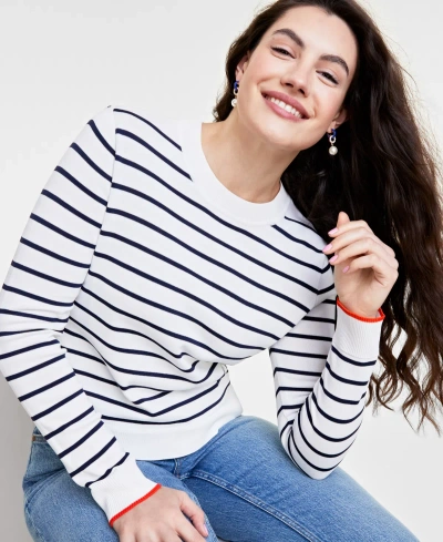 On 34th Women's Crewneck Long-sleeve Sweater, Created For Macy's In White,navy