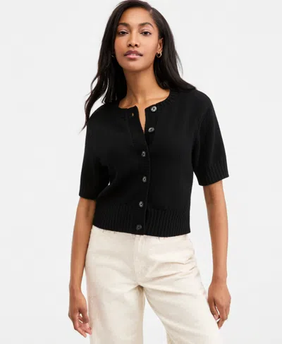 On 34th Women's Crewneck Short-sleeve Textured Button-front Cardigan, Macy's Exclusive In Black