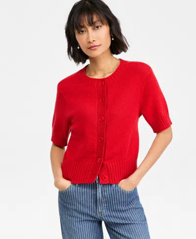 On 34th Women's Crewneck Short-sleeve Textured Button-front Cardigan, Macy's Exclusive In Multi
