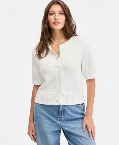 On 34th Women's Crewneck Short-sleeve Textured Button-front Cardigan, Macy's Exclusive In Transparent
