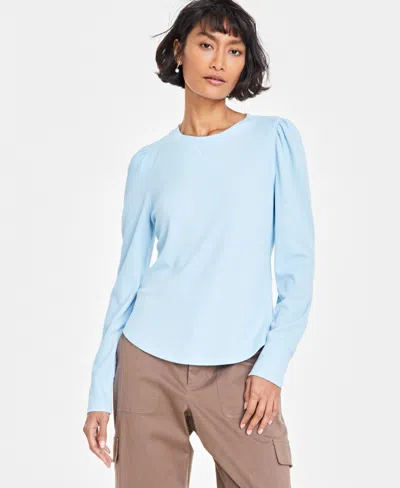 On 34th Women's Crewneck Waffle-knit Top, Created For Macy's In Cool Blue