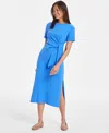 On 34th Women's Crewneck Wrap Tie Dress, Created For Macy's In Beach Blue