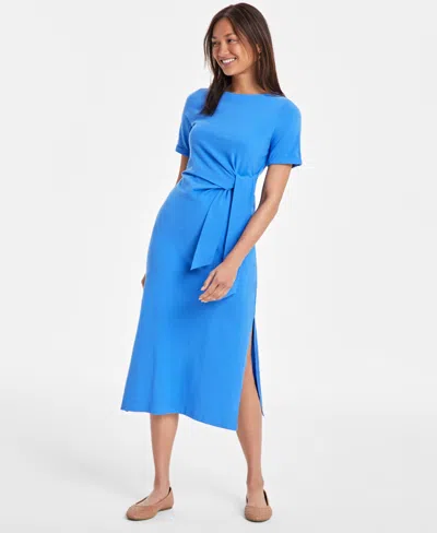 On 34th Women's Crewneck Wrap Tie Dress, Created For Macy's In Beach Blue