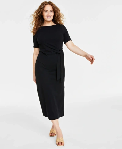 On 34th Women's Crewneck Wrap Tie Dress, Created For Macy's In Deep Black