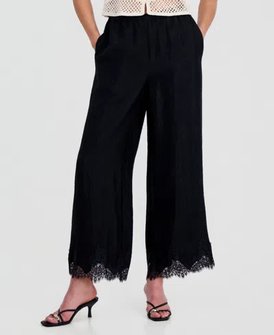 On 34th Women's Crinkle Satin Lace-hem Pull-on Pants, Macy's Exclusive In Black