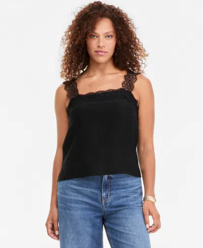 On 34th Women's Crinkle Satin Lace-trim Tank, Macy's Exclusive In Deep Black