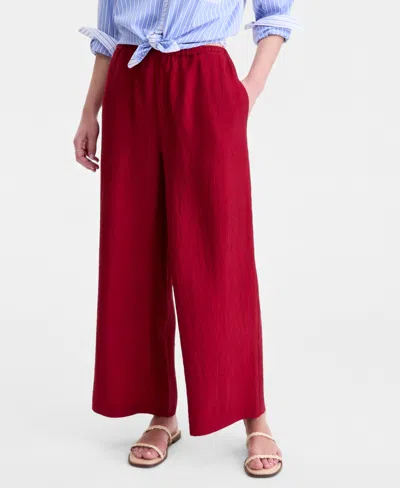 On 34th Women's Crinkle Satin Wide-leg Pull-on Pants, Regular & Short, Macy's Exclusive In Red