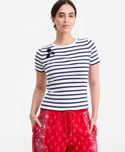 On 34th Women's Crochet-trim Striped T-shirt, Macy's Exclusive In Blue