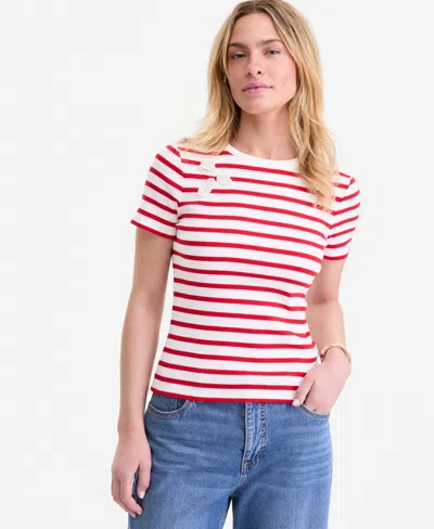 On 34th Women's Crochet-trim Striped T-shirt, Macy's Exclusive In Red