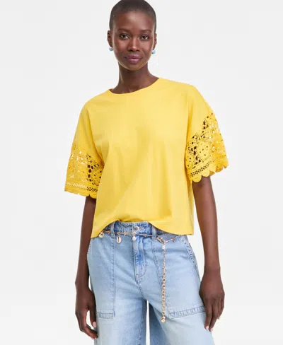 On 34th Women's Crochet-sleeve Jersey T-shirt, Macy's Exclusive In Yellow