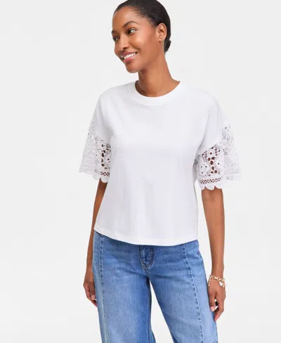 On 34th Women's Crochet-sleeve Jersey T-shirt, Macy's Exclusive In White