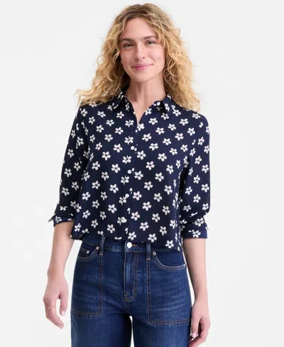 On 34th Women's Cropped Button-down Crepe Shirt, Macy's Exclusive In Blue