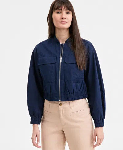 On 34th Women's Cropped Linen Utility Bomber, Exclusively At Macy's In Intrepid Blue