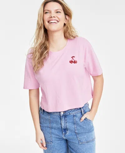 On 34th Women's Cropped Sequin Embellished Tee, Created For Macy's In Pink Lilac