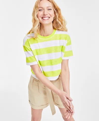 On 34th Women's Cropped Stripe T-shirt, Created For Macy's In Lemon Lime Combo