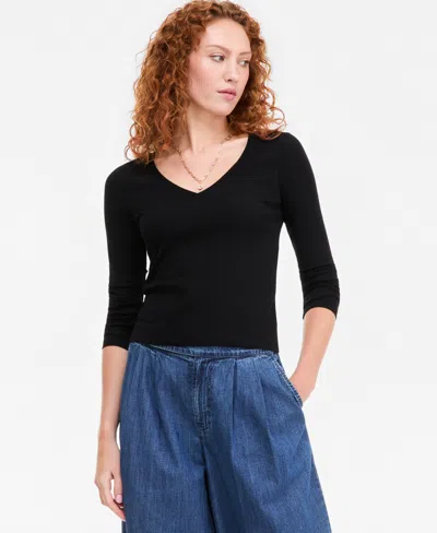 On 34th Women's Cropped V-neck Meet & Greet Long-sleeve T-shirt, Macy's Exclusive In Black