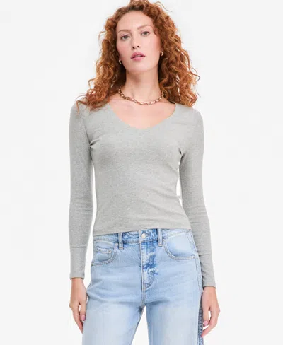 On 34th Women's Cropped V-neck Meet & Greet Long-sleeve T-shirt, Macy's Exclusive In Gray
