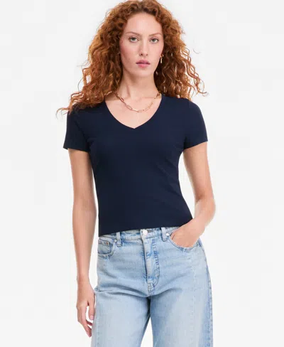 On 34th Women's Cropped V-neck Meet & Greet T-shirt, Macy's Exclusive In Blue