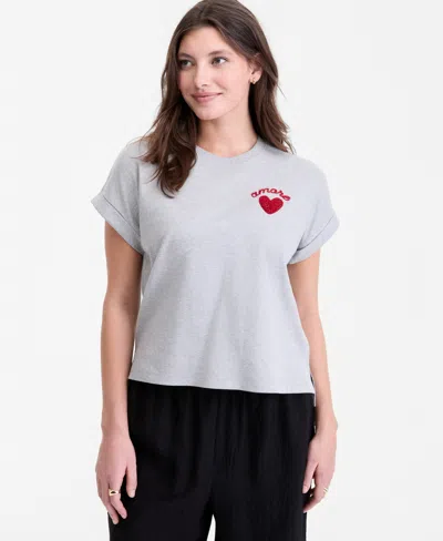 On 34th Women's Cuffed Amore Embroidered T-shirt, Macy's Exclusive In Gray