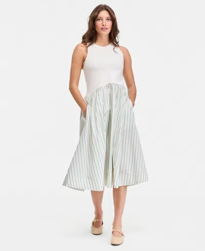 On 34th Women's Curved-waist Mixed-media Midi Dress, Macy's Exclusive In White