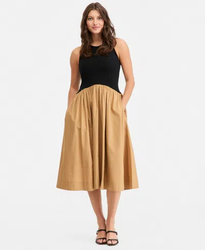 On 34th Women's Curved-waist Mixed-media Midi Dress, Macy's Exclusive In Brown