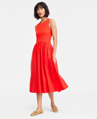 On 34th Women's Curved-waist Mixed-media Midi Dress, Macy's Exclusive In Red