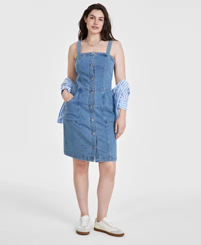 On 34th Women's Denim Pinafore Dress, Created For Macy's In Pop Wash