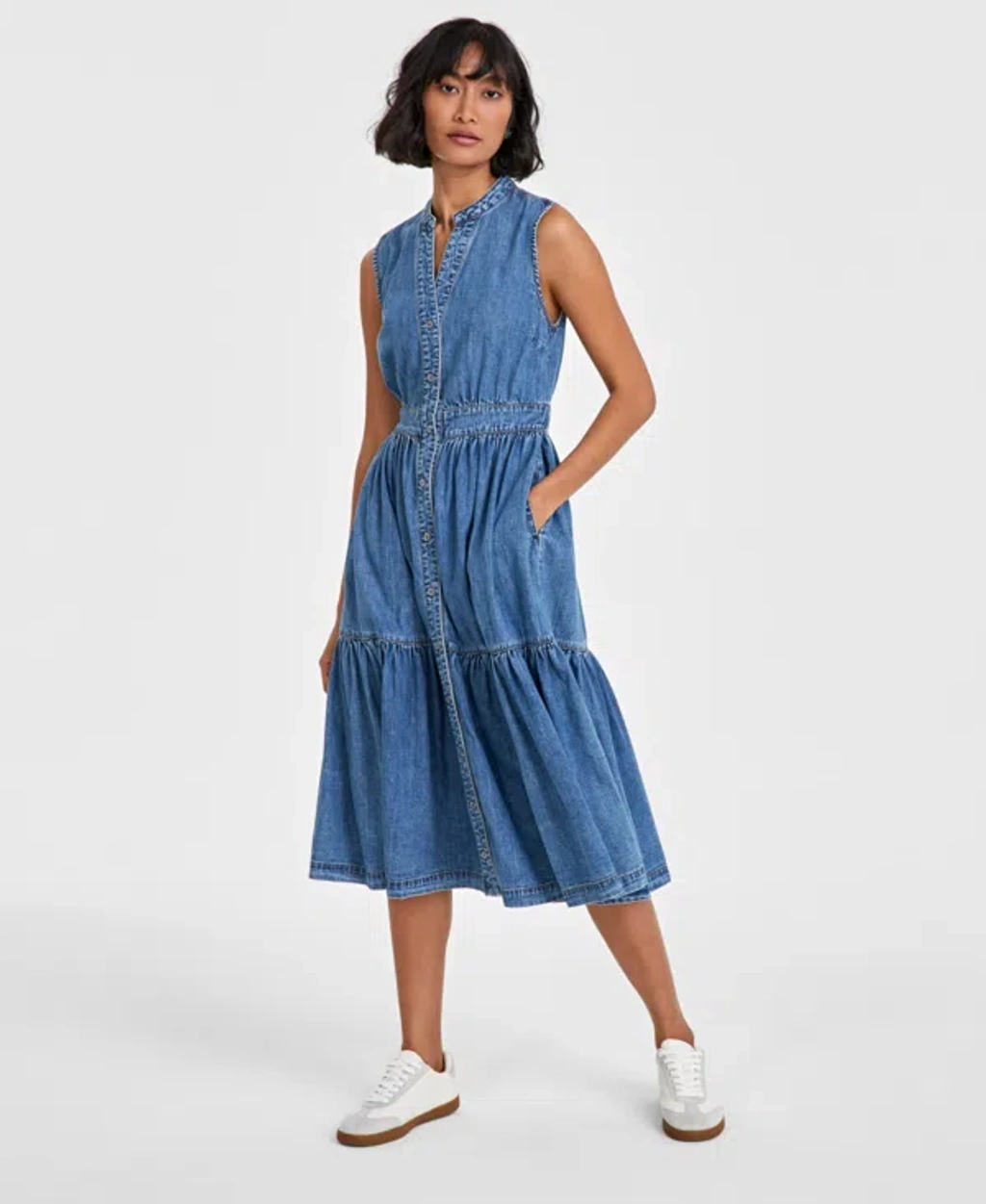 On 34th Women's Denim Tiered Midi Dress, Created For Macy's In Rays |  ModeSens