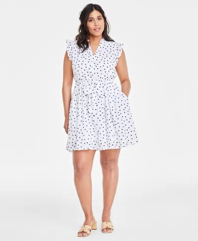 On 34th Women's Dot Scatter-print Ruffle-sleeve Button-front Mini Dress, Created For Macy's In White Blue Combo