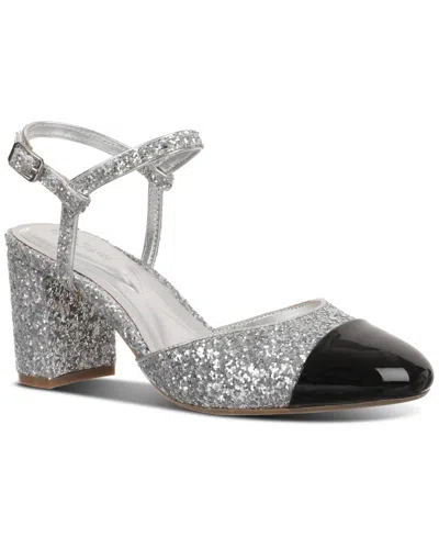On 34th Dotti Womens Toe Cap Textured Slingback Heels In Silver Glitter,black Patent