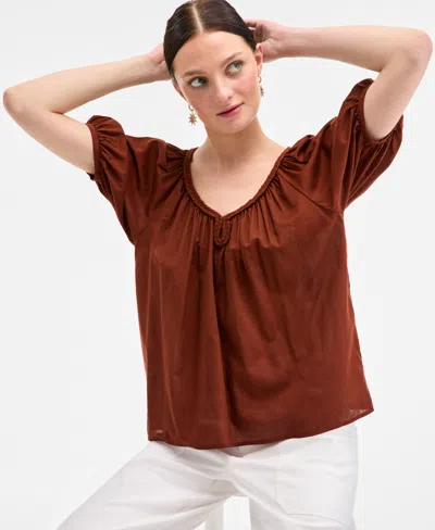 On 34th Women's Elbow Sleeve Braided-trim Top, Exclusively At Macy's In Brown