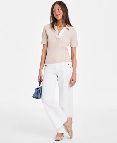 On 34th Women's Elbow-sleeve Ribbed Polo Top, Exclusively At Macy's In Chai