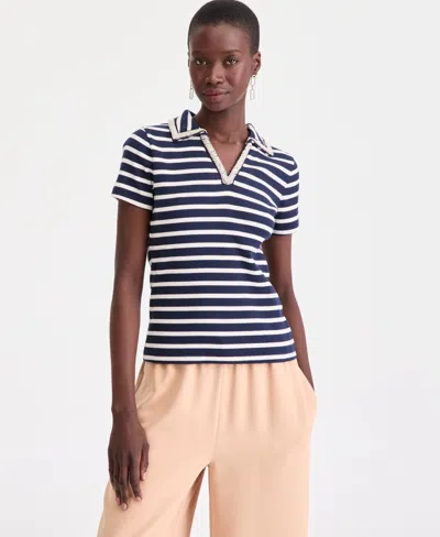 On 34th Women's Embellished Rib Polo Top, Macy's Exclusive In Blue
