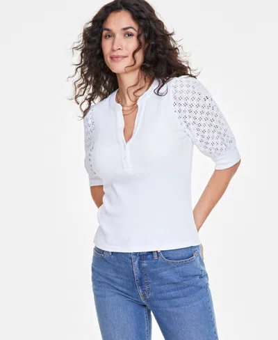 On 34th Women's Eyelet Puff Sleeve Henley Top, Created For Macy's In Bright White