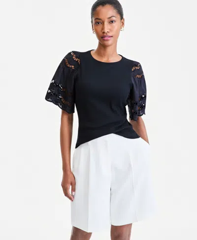 On 34th Women's Eyelet Puff Sleeve Ribbed Knit Top, Macy's Exclusive In Black