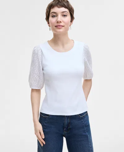On 34th Women's Eyelet-sleeve Rib-knit Top, Exclusively At Macy's In Bright White