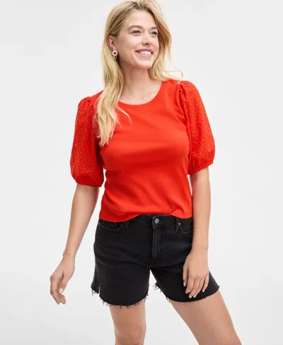 On 34th Women's Eyelet-sleeve Rib-knit Top, Exclusively At Macy's In Fiery Red