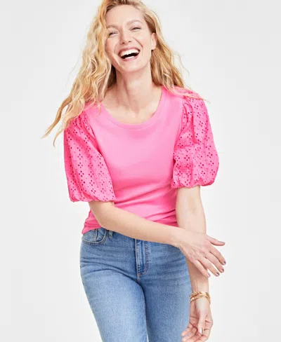 On 34th Women's Eyelet-sleeve Scoop-neck Knit Top, Created For Macy's In Azalea Pink