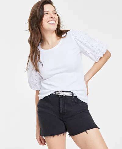On 34th Women's Eyelet-sleeve Scoop-neck Knit Top, Created For Macy's In Bright White