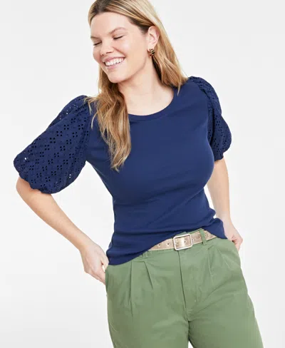 On 34th Women's Eyelet-sleeve Scoop-neck Knit Top, Created For Macy's In Intrepid Blue