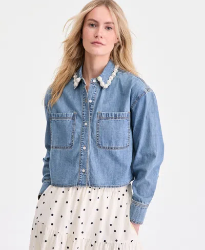 On 34th Women's Faux-pearl-trim Denim Shirt, Macy's Exclusive In Blue