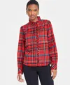 On 34th Women's Festive Plaid Ruffle-neck Flannel Shirt, Created For Macy's In Fiery Red