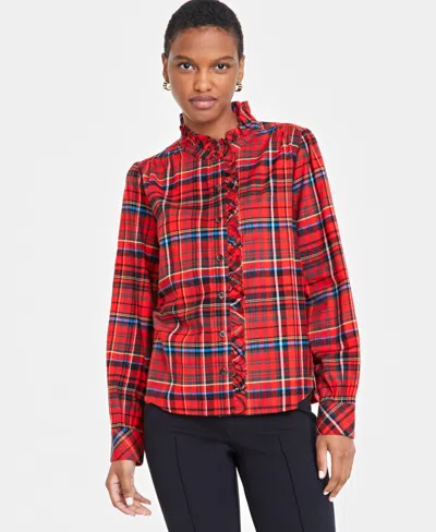 On 34th Women's Festive Plaid Ruffle-neck Flannel Shirt, Created For Macy's In Fiery Red