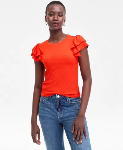 On 34th Women's Flutter-sleeve Ribbed Top, Created For Macy's In Red