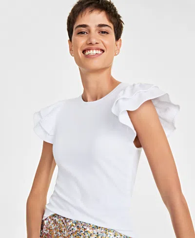 On 34th Women's Flutter-sleeve Ribbed Top, Created For Macy's In Bright White